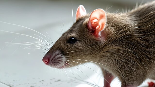 Close-up of a brown rat indoors with natural light. Ideal for themes of hygiene, pest control, scientific research, urban wildlife, or pet rodents in modern environments