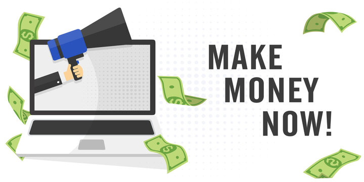 Schermo del notebook per laptop. Megafono con mano. FAI SOLDI ORA testo nella bolla vocale. Illustrazione