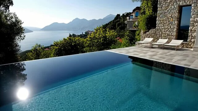 A modern infinity pool with clear water, surrounded by stone tiles and lush greenery. Mountains and a blue sky are visible in the background. Generative 4k video.