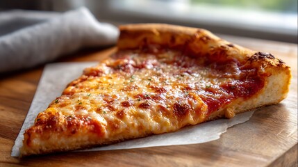 A slice of cheese pizza with a golden crust, served on parchment paper.