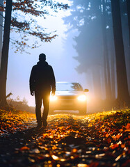 A man stands in the autumn forest, illuminated by the headlights of a car, the mood of mystery and horror, night, light leaks