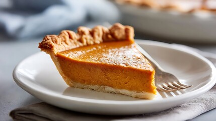 Slice of Pumpkin Pie on a White Plate with Fork