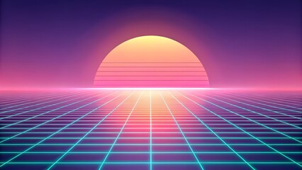 Retro background futuristic landscape 1980s style, Vaporwave sunset abstract background
