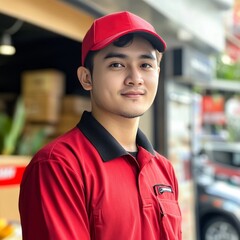Urban delivery worker preparing orders in city environment portrait