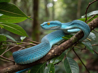 Striking Blue Viper Coiled on Branch with Intense Yellow Eyes