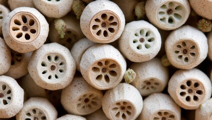 Obraz premium Close-up of many small, light beige seed pods