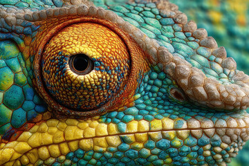 Macro shot of chameleon eye. Close up of colorful reptile head with texture skin