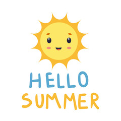 Cheerful sun graphic with the words hello summer expressing joy for the summer season