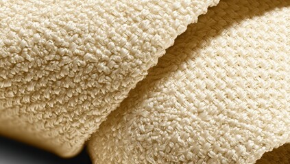 Close-up of folded, textured fabric. Beige, soft, and woven