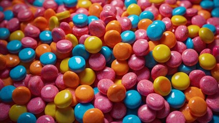 Obraz premium Colorful candy close-up wallpaper featuring a vibrant pile of pink, blue, orange, and yellow sweets. 