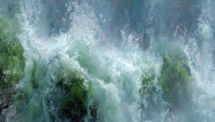 Abstract waterfall, foamy,  green, misty