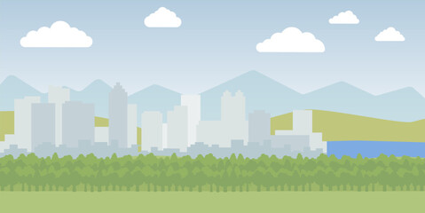 Minimal flat design of a city skyline with trees, hills, and mountains in the background under a clear sky. City landscape illustration. Urban skyline flat design. Modern eco city. Nature and city