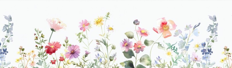 A whimsical watercolor border of wildflowers, with pastel colors against a white background
