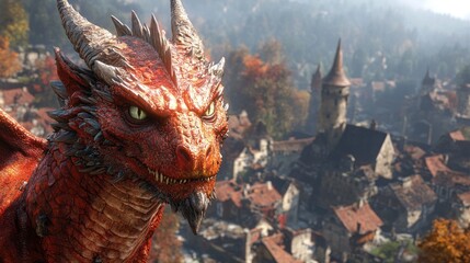 Obraz premium Red dragon overlooking medieval town