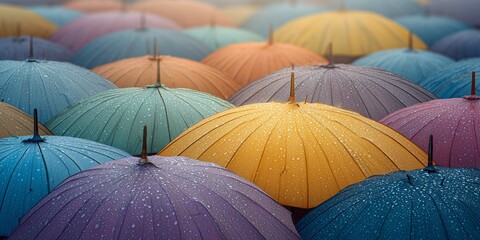 Colorful umbrella in the rainy weather in autumn with blurred background and selective focus