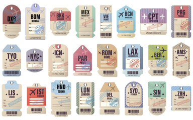 A collection of colorful vintage travel luggage tags with international airport codes and barcode labels. Set of beautiful vintage luggage tag. Retro travel label set