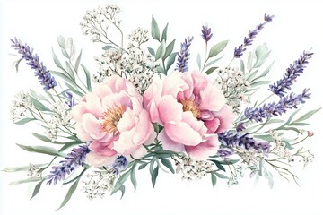 Watercolor bouquet of flowers with peonies, lavender and leaves