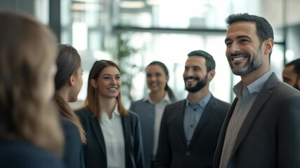 Smiling professionals in a modern office environment, enjoying each other's company. A positive and friendly team dynamic.