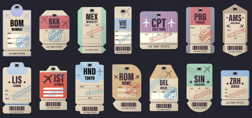 Vector illustration of colorful airport luggage tags featuring international city codes and registered stamps. Ideal for travel design, tourism marketing, and transport-themed projects.