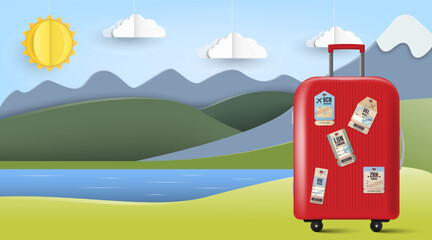 Red suitcase decorated with international airport tags standing in front of a beautiful landscape with hills, lake, and sun in flat paper cut style. Travel suitcase in nature. Vacation luggage vector