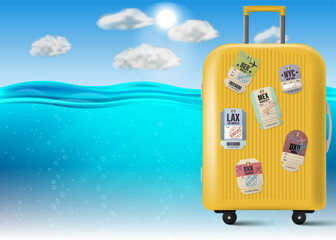 Travel concept with a stylish suitcase adorned with location labels, placed on a dreamy tropical beach with blue sky and ocean. Perfect image for travel, tourism, and vacation concepts.