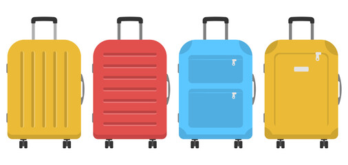 Collection of colorful wheeled suitcases, symbolizing air travel, holidays, and tourism in a flat design style. Perfect for vacation, luggage, airport, and journey concepts in graphic projects or
