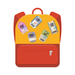 Backpack decorated with international travel tags including LAX, NYC, and PAR. Ideal for travel, education, and tourism themes. Backpack with travel tags. Colorful travel backpack.