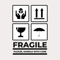Minimalist fragile label design with safety icons: handle with care, this side up, fragile glass, and keep dry. Ideal for packaging, shipping boxes, logistics, or courier services.