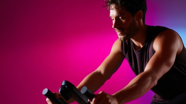 Man cycling intensely in a vibrant studio setting during a fitness class at dusk
