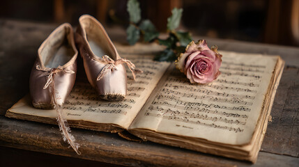 A vintage sheet music book opened next to ballet slippers and a delicate rose on a wooden table