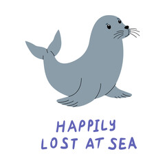 Cute seal character expressing joy while lost at sea in a fun and whimsical design