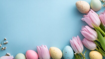 Pastel Easter eggs and tulips on a light blue background