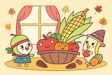 Adorable autumn harvest with cartoon characters
