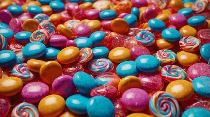 Fototapeta premium Vibrant 4K candy wallpaper showcasing a delightful mix of colorful sweets and spiral lollipops. 
