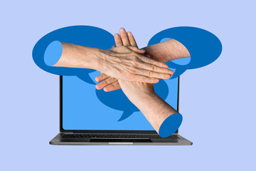 Trendy poster art collage of human hands girl guy stand open laptop bubble communication speech...