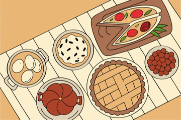 Overhead view of a delicious thanksgiving feast