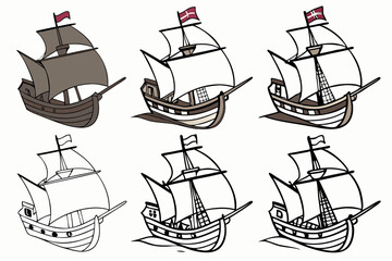 Six variations of a medieval cog ship illustration