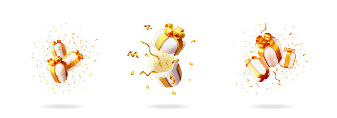 3d cartoon style gift box with gold ribbon and confetti. Present for special occasion or holiday event. Surprise reveal concept.