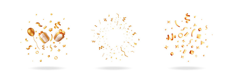 Golden 3d celebration set with balloons, gift boxes, confetti, star, isolated on white background. Party event. © absent84