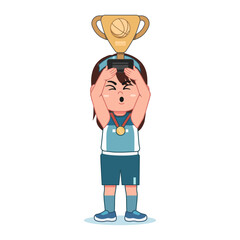 Cartoon cute little Girl playing basketball Lifting Champion Trophy