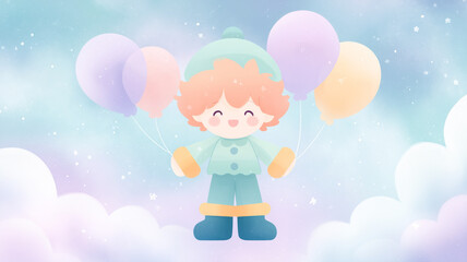 Obraz premium Cute clown with oversized shoes holding colorful balloons in joyful sky