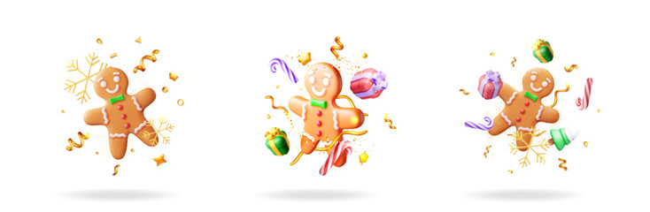 Fototapeta premium Festive gingerbread man in a 3d set collection with Christmas elements like snowflakes, gifts and confetti for winter holiday decoration.