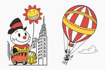 Joyful cityscape with hot air balloon and cartoon characters