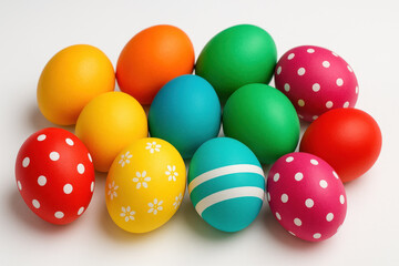 Obraz premium Colorful Easter eggs with polka dots scattered on green grass, capturing the joy and festive spirit of Easter celebrations.