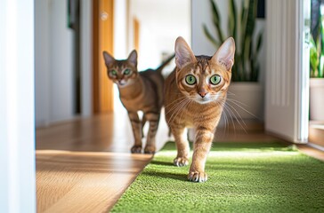 Two ginger cats walking down a hallway