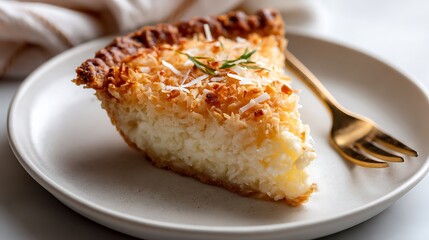 Slice of Coconut Cream Pie on a White Plate with a Fork
