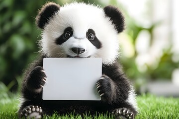 Fototapeta premium baby panda holding a clean blank signboard with both paws, sitting on grass with playful expression 