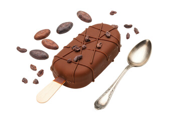 Isolated Chocolate Covered Ice Cream Bar with Silver Spoon