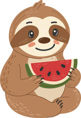 Sloth holding a watermelon slice. Cute wild animal enjoying fruit. For kids content and summer themed designs.
