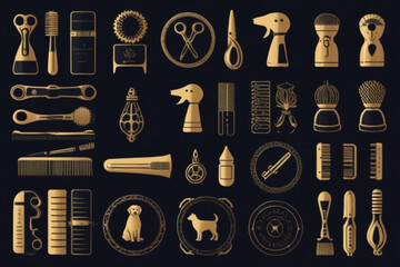 Illustration of golden grooming and pet care tools arranged on a dark background in a detailed style created with generated ai